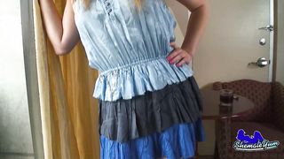 Beautiful tranny shows her impressive dick and big bottom