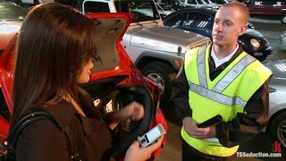 Asian tranny Carmen Moore dominates over a submissive parking guy