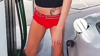 Sissy pack up at petrol station,goes on Outside exhibitionist