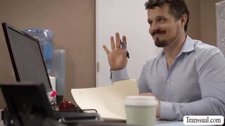 Slut secretary watches her TS boss jerking off
