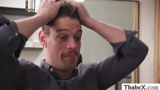 TS hairdresser gives blowjob to her customer