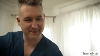 Tattooed Stud Pleases Blonde Shemale