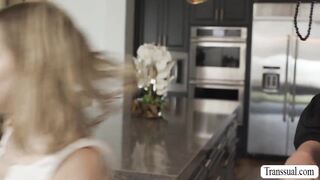 Hiding under the table and get fucked by two TS